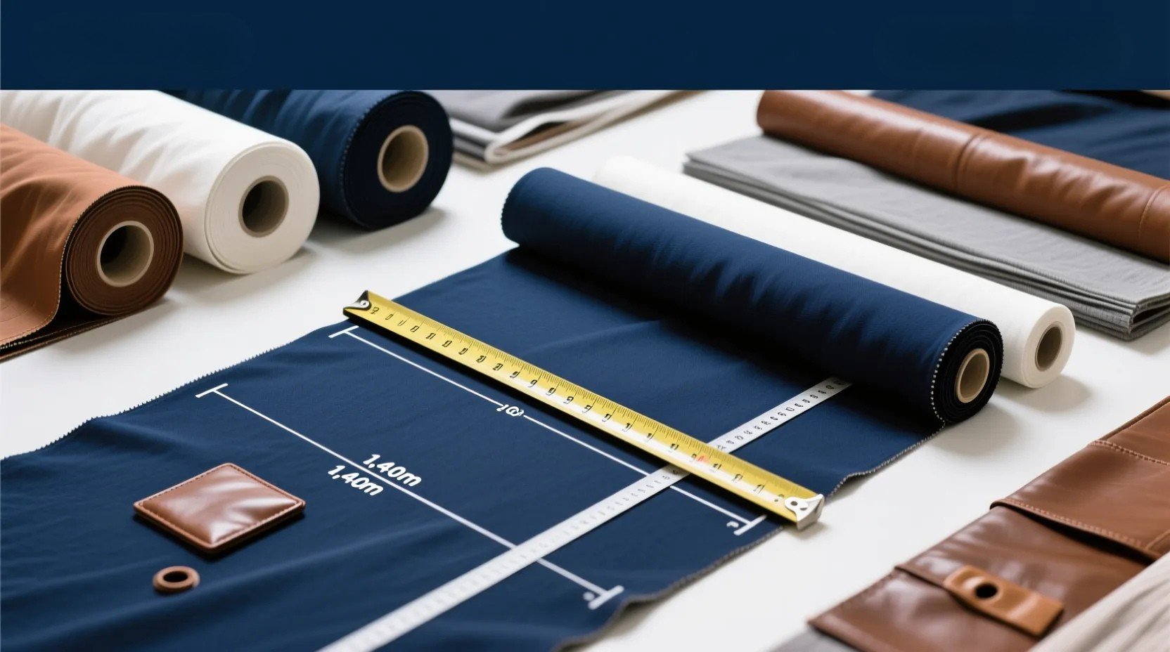 Rolos de tecido e fita m&eacute;trica sobre tecido azul